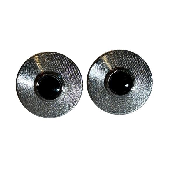 Mid Century silver textured round cufflinks with black enamel centers vintage - Picture 1 of 6